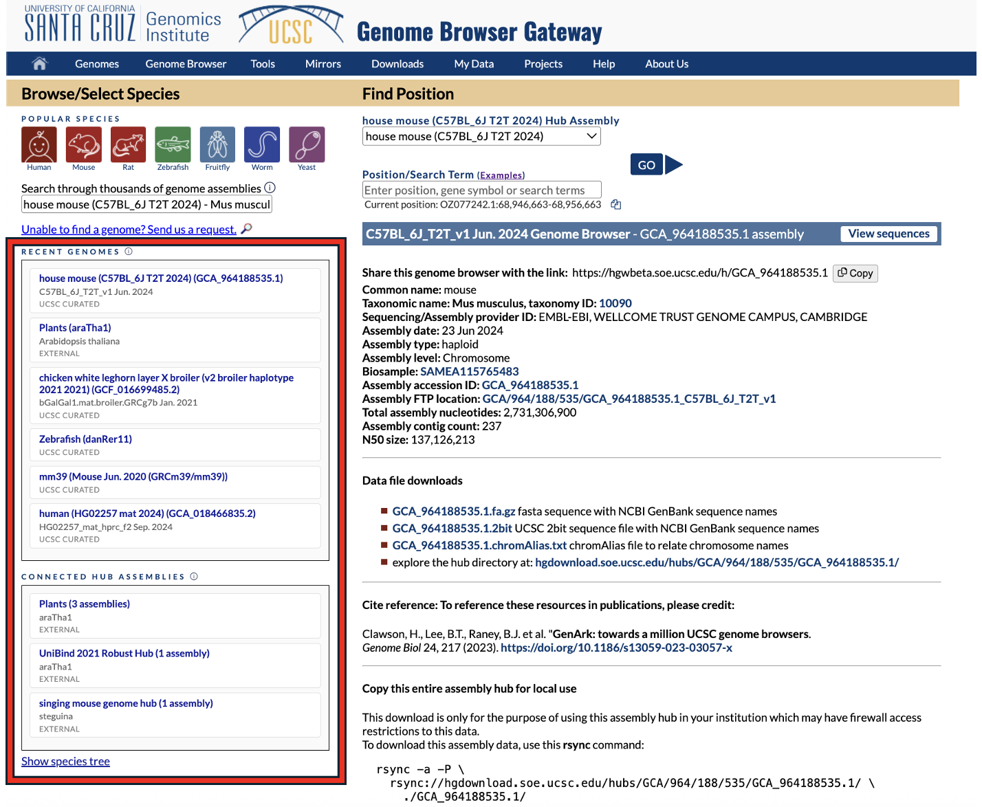 Screenshot of the UCSC Genome Browser gateway page with selectable genome assembly lists